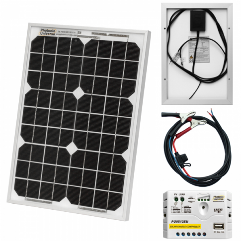 10W 12V Solar Trickle Charging Kit With 5A Solar Controller, Battery Cable & Crocodile Clips
