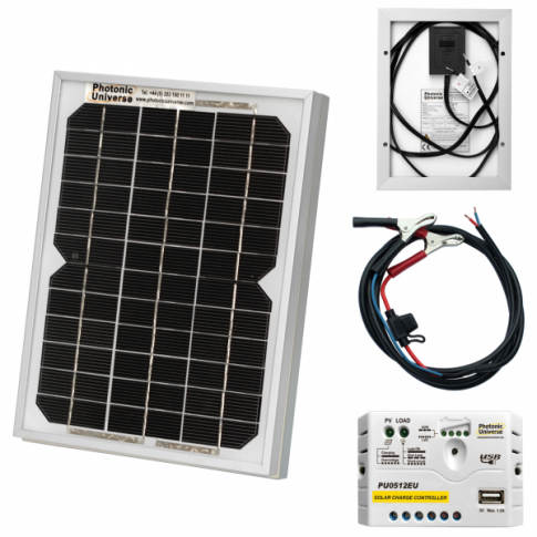5W 12V Solar Trickle Charging Kit With 5A Solar Controller, Battery Cable & Crocodile Clips