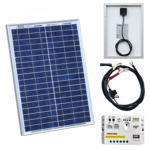 20W 12V Solar Charging Kit With 5A Solar Controller, Battery Cable & Crocodile Clips