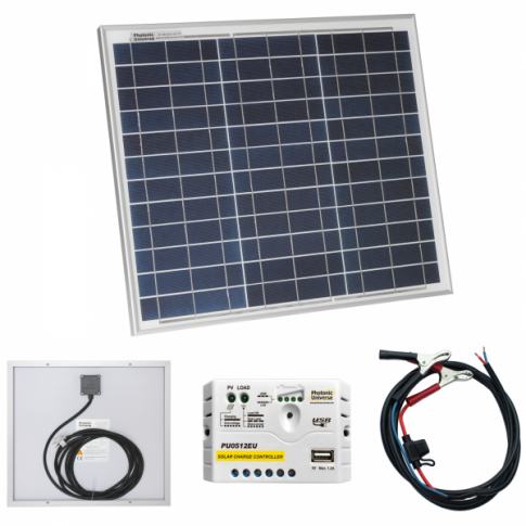 30W 12V Solar Charging Kit With 5A Solar Controller, Battery Cable & Crocodile Clips