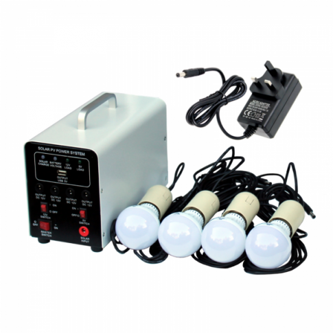 Off-Grid 18Ah Lithium Battery Lighting System with Mains Adaptor, 4x 5W LED Lights, Solar Charge Controller