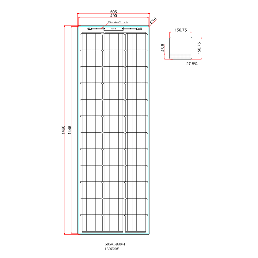 130W Black Reinforced Narrow Semi-Flexible Solar Panel with a Durable ETFE Coating