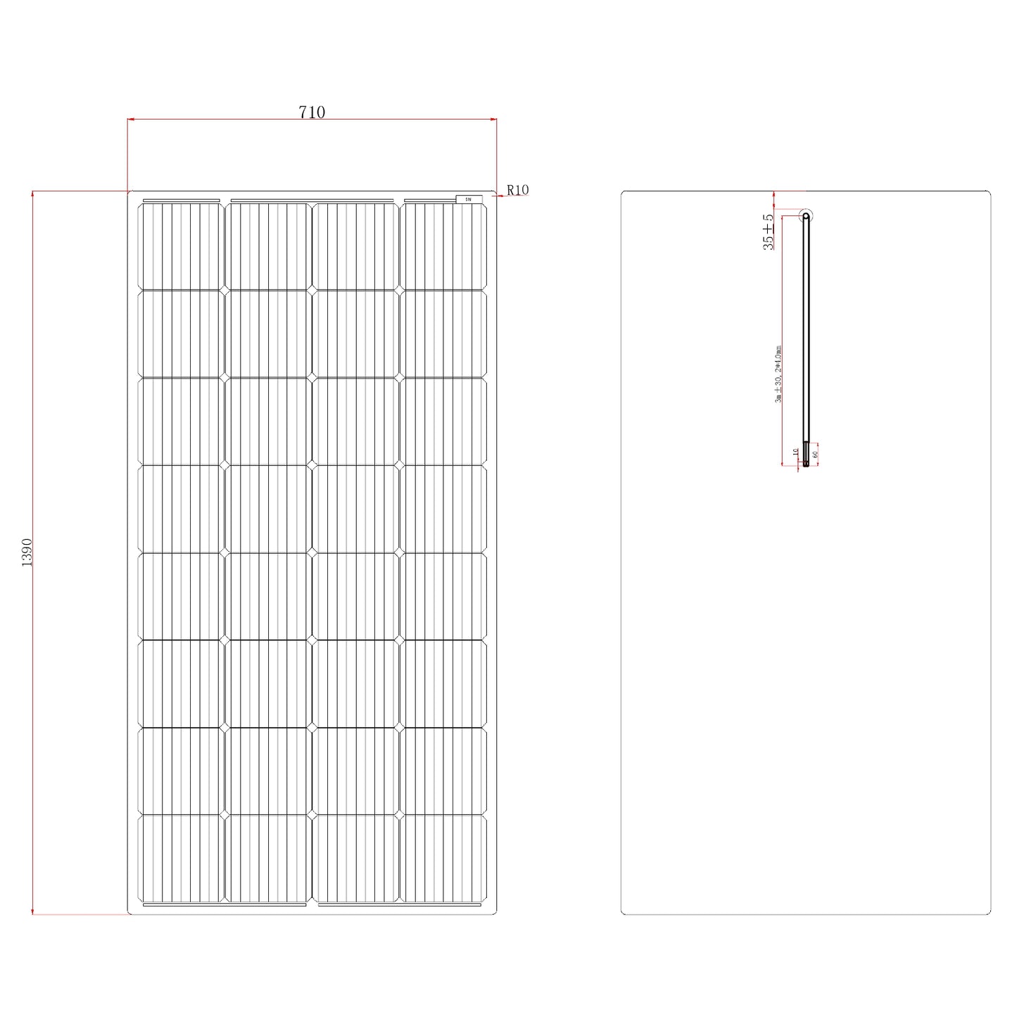 200W Semi-Flexible Fibreglass Solar Panel with Round Rear Junction Box, 3m cable & a Durable ETFE Coating