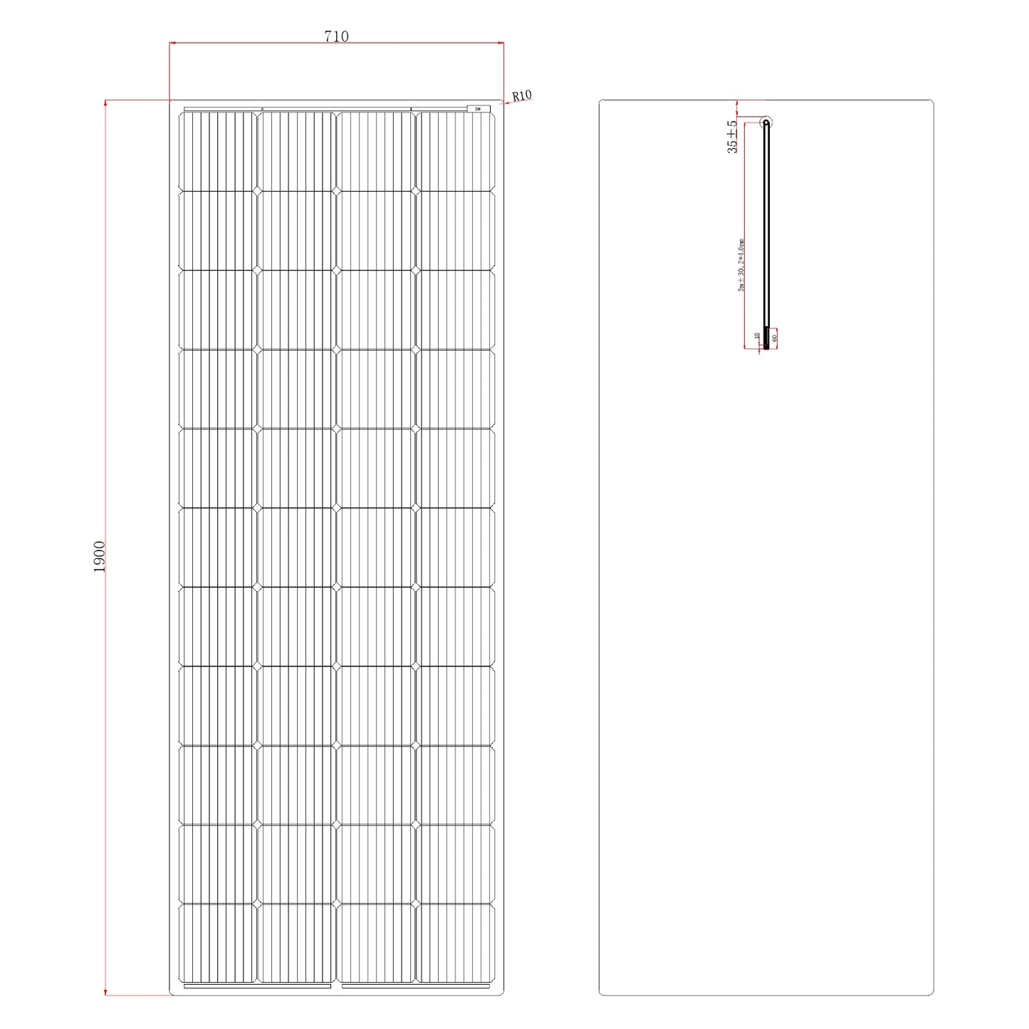 270W Semi-Flexible Fibreglass Solar Panel with Round Rear Junction Box, 3m cable & a Durable ETFE Coating